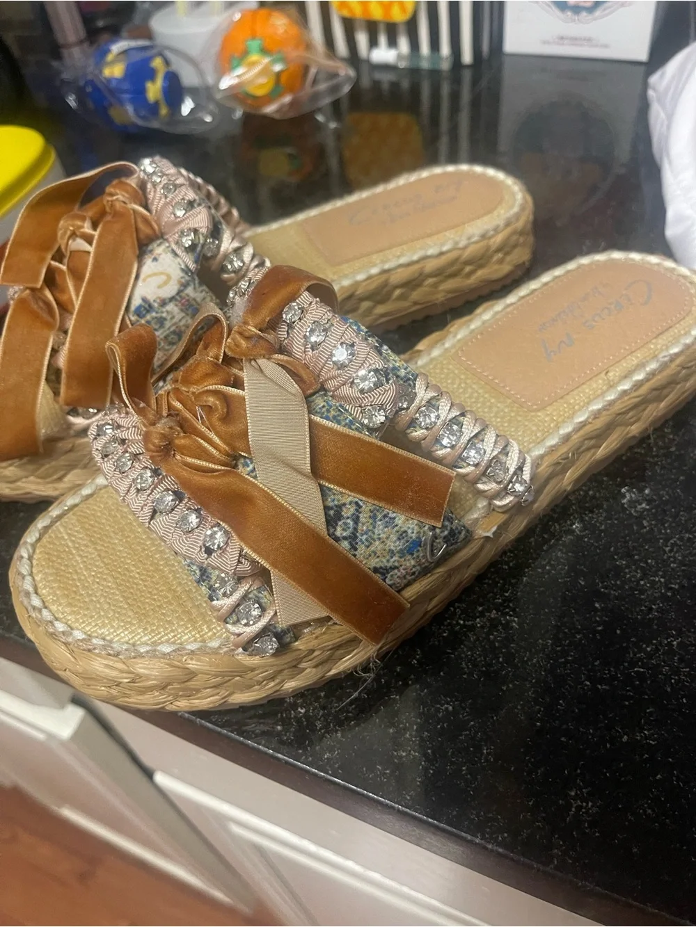 Sam Edelman Brown Velvet Bow Embellished Espadrille Slides